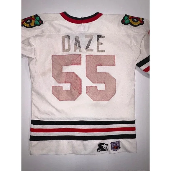 Vintage Starter Chicago Blackhawks Hockey Jersey Mens Size S/M DAZE 55 White Red